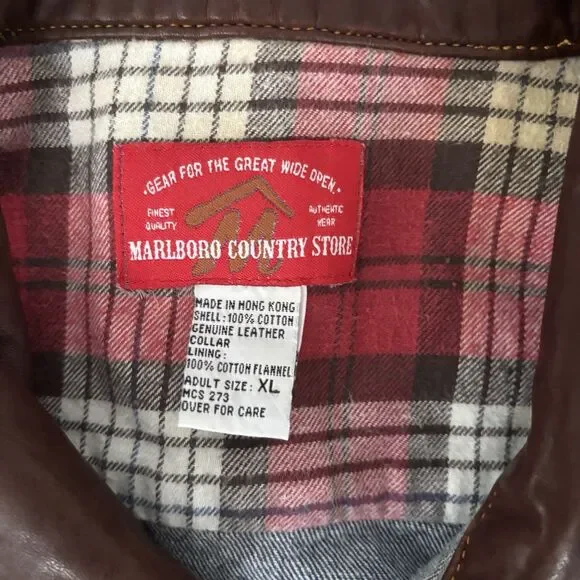 Marlboro Country Denim Jacket Mens Size XL Leather Collar Flannel Vintage 90s - Picture 3 of 8